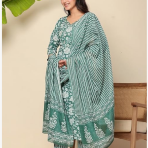 Flamboyant Women Floral Print Cotton Suit Set, Green and White, 3/4 Sleeve Kurta, Pant with Dupatta