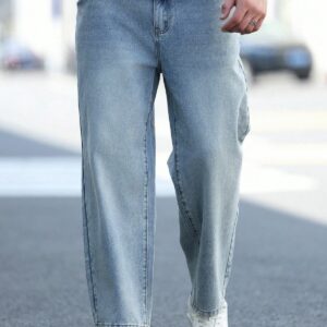 Plus Size Men's Solid Color Casual Straight Leg Baggy Jeans With Pockets